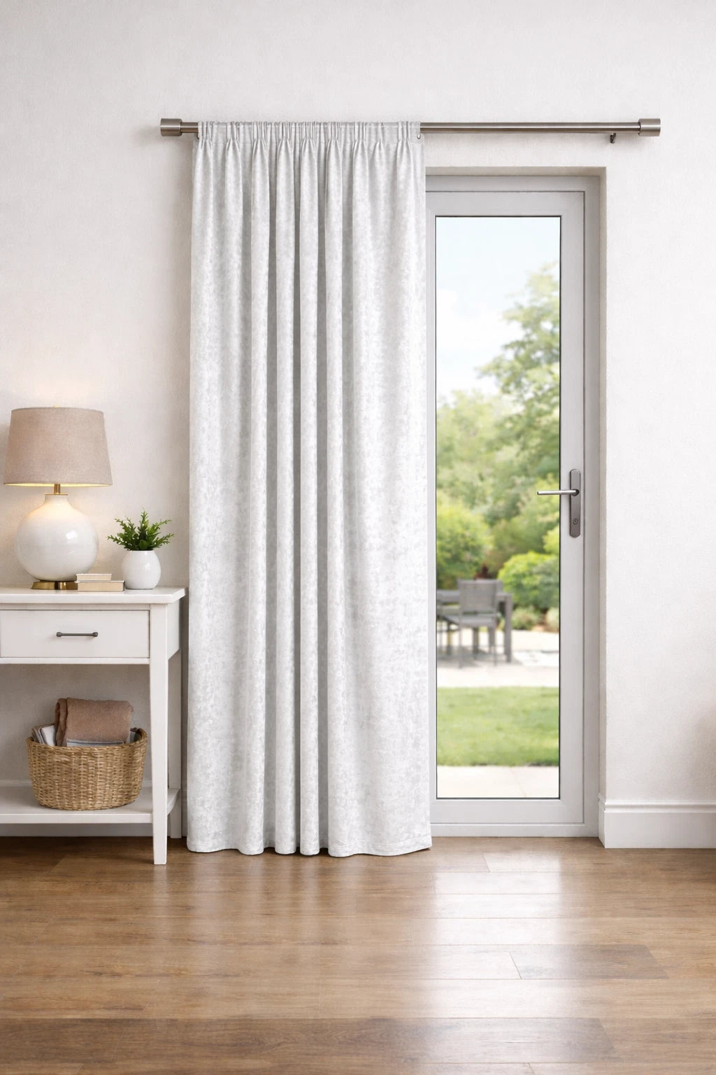 Crushed Velvet Fully Lined Ready Made Pencil Pleat Curtains (White)