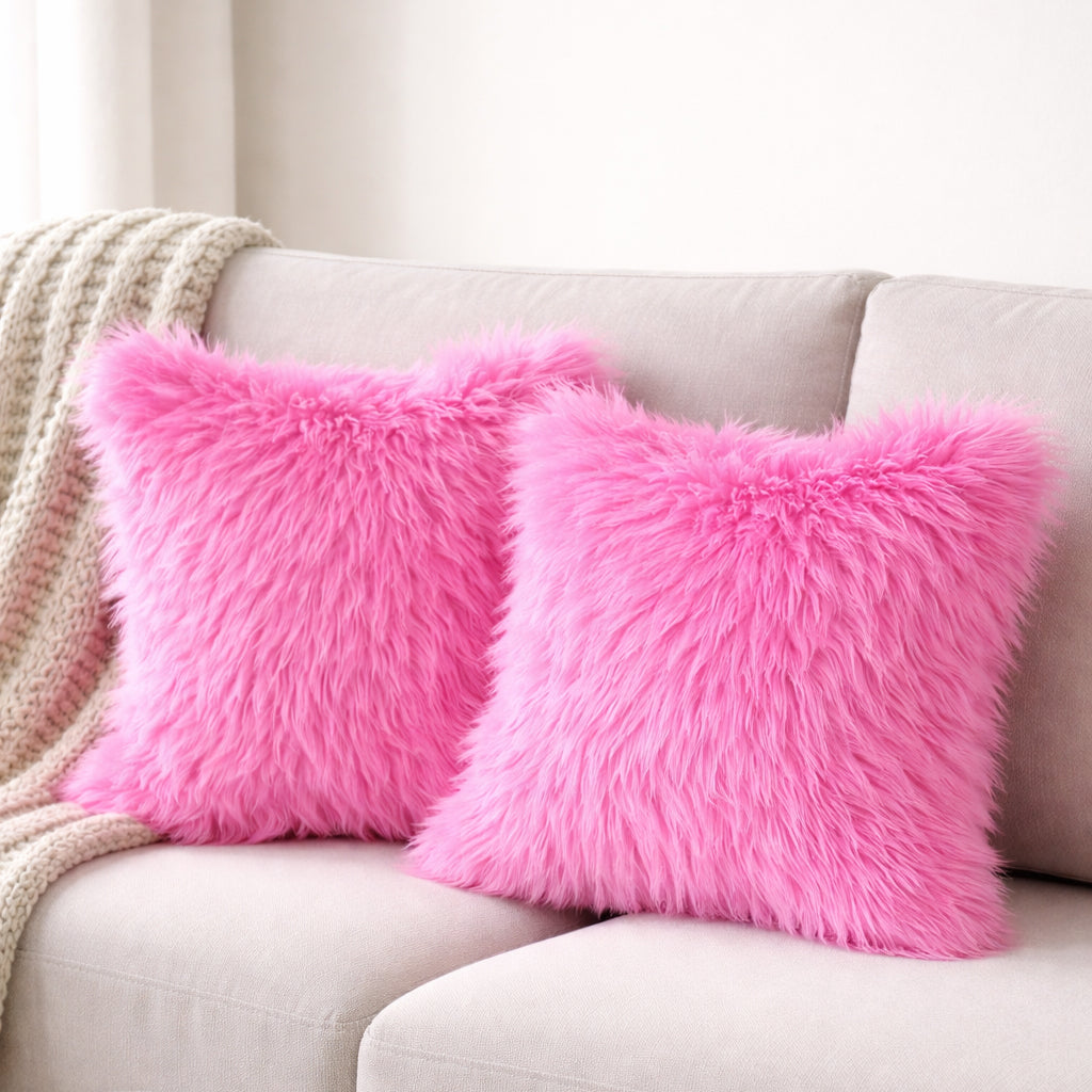Set Of 2 Fluffy Faux Fur Shaggy Long Pile Decorative Pillow Cases (Multiple Colours, 45cm x 45cm)