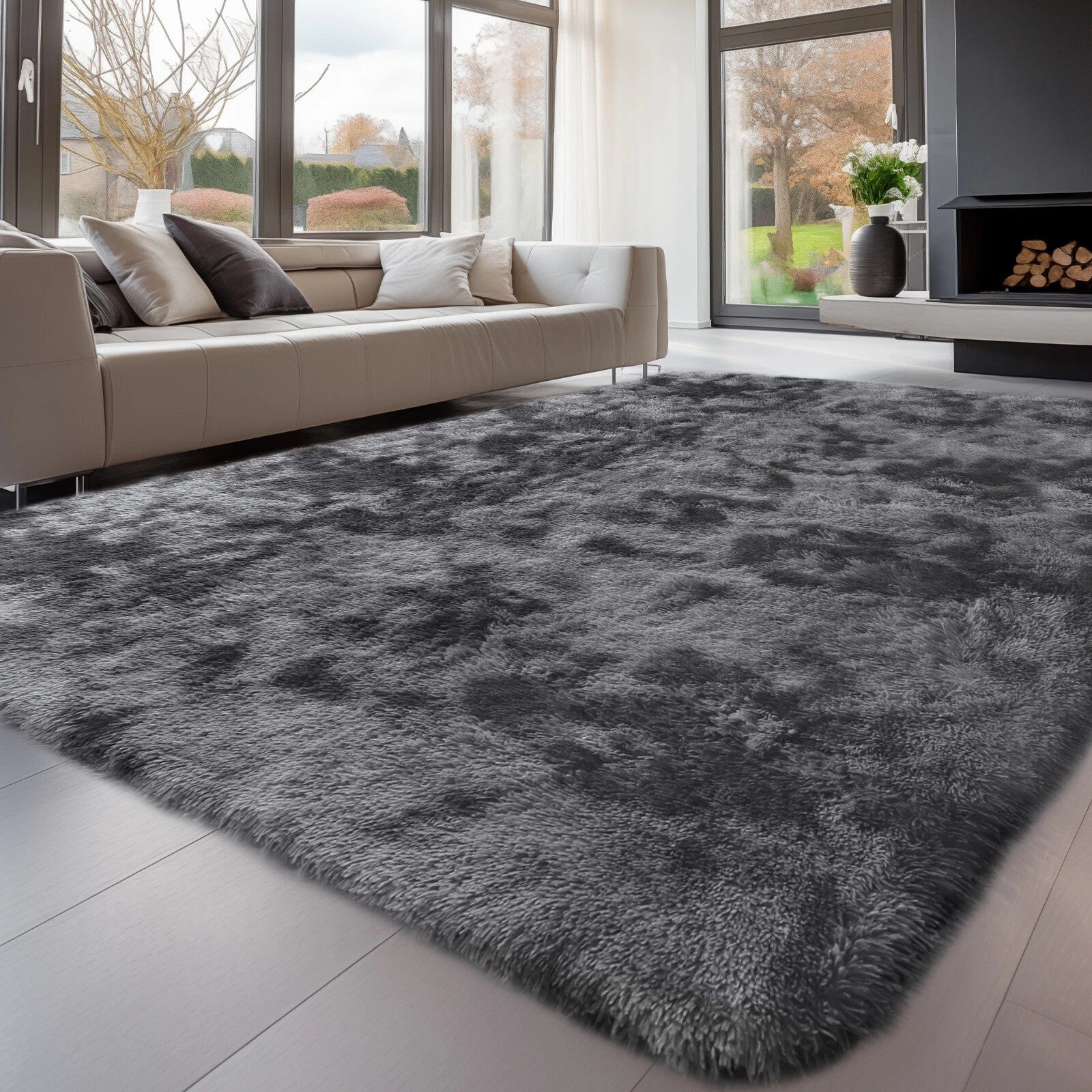 Fluffy Shaggy Area Rug - Non-Slip - Thick Pile Floor Mat (Dark Grey)