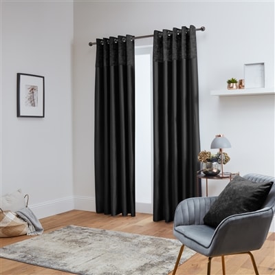 Chloe Crushed Velvet Band Fully Lined Faux Silk Eyelet Curtains (Black - Black)