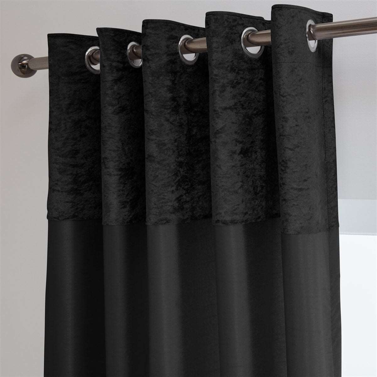 Chloe Crushed Velvet Band Fully Lined Faux Silk Eyelet Curtains (Black - Black)