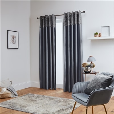 Chloe Crushed Velvet Band Fully Lined Faux Silk Eyelet Curtains (Grey)