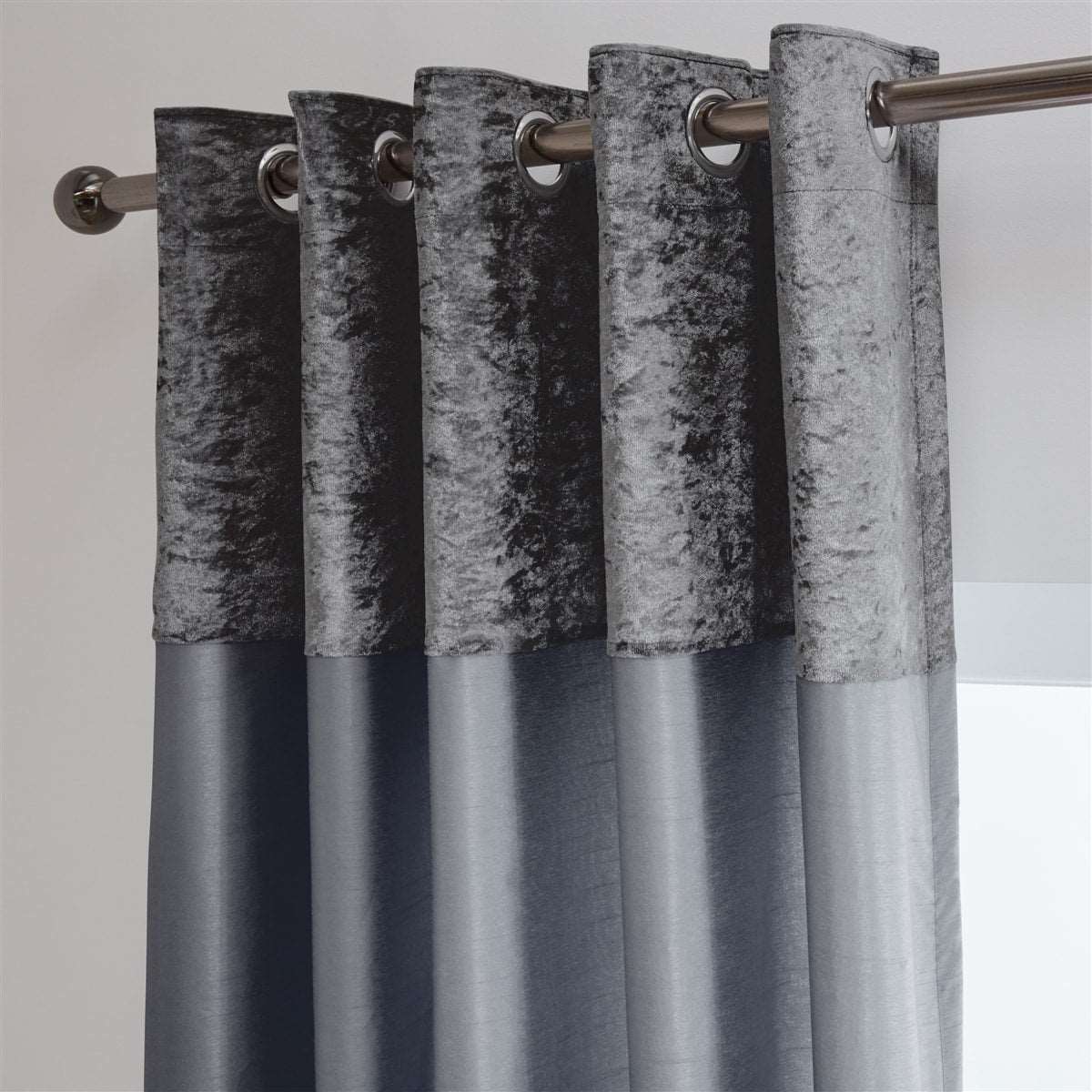 Chloe Crushed Velvet Band Fully Lined Faux Silk Eyelet Curtains (Grey)
