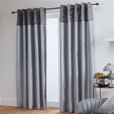 Chloe Crushed Velvet Band Fully Lined Faux Silk Eyelet Curtains (Grey - Silver)