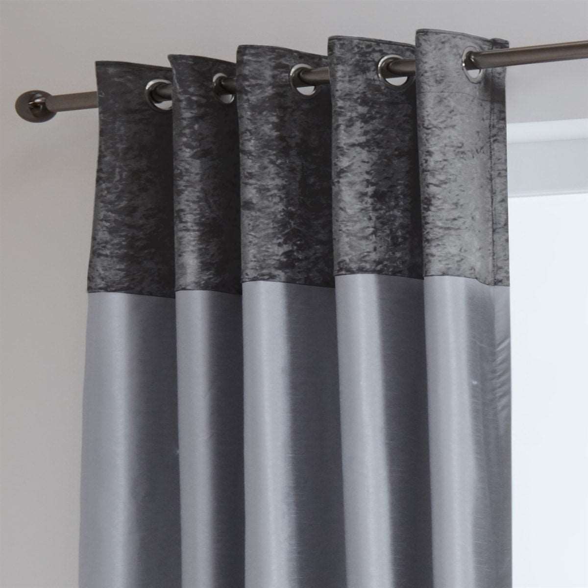 Chloe Crushed Velvet Band Fully Lined Faux Silk Eyelet Curtains (Grey - Silver)