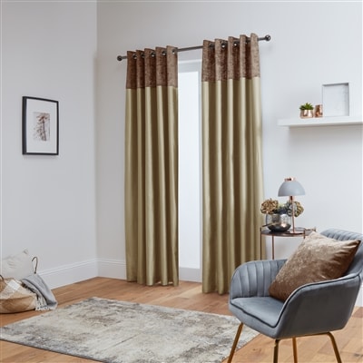 Chloe Crushed Velvet Band Fully Lined Faux Silk Eyelet Curtains (Mocha - Latte)