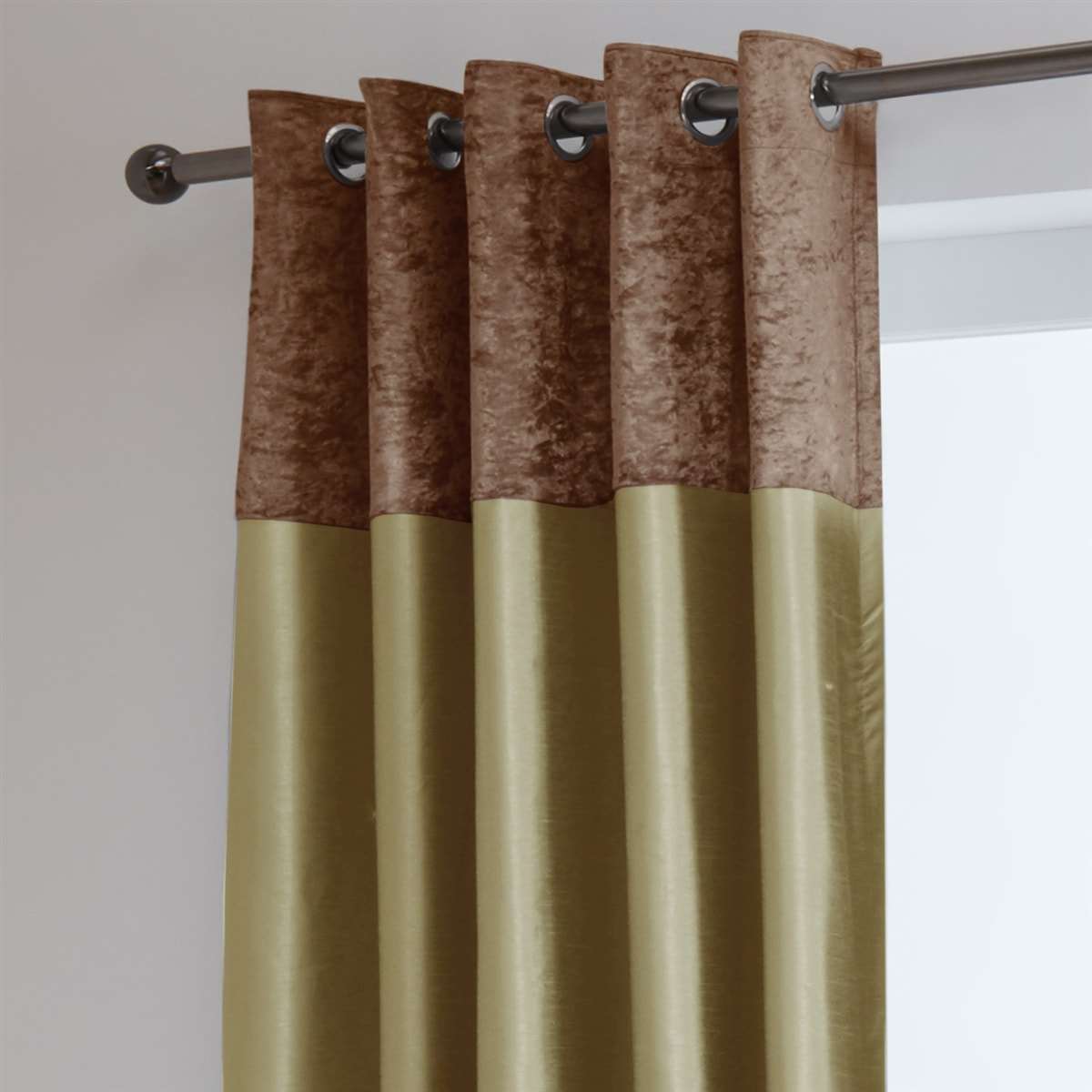 Chloe Crushed Velvet Band Fully Lined Faux Silk Eyelet Curtains (Mocha - Latte)
