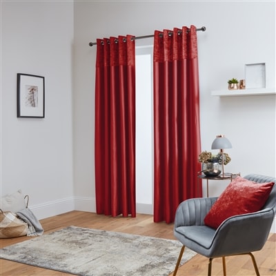 Chloe Crushed Velvet Band Fully Lined Faux Silk Eyelet Curtains (Red)