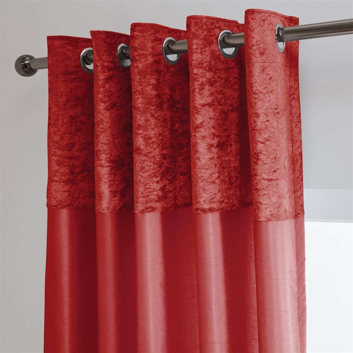 Chloe Crushed Velvet Band Fully Lined Faux Silk Eyelet Curtains (Red)