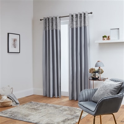 Chloe Crushed Velvet Band Fully Lined Faux Silk Eyelet Curtains (Silver)