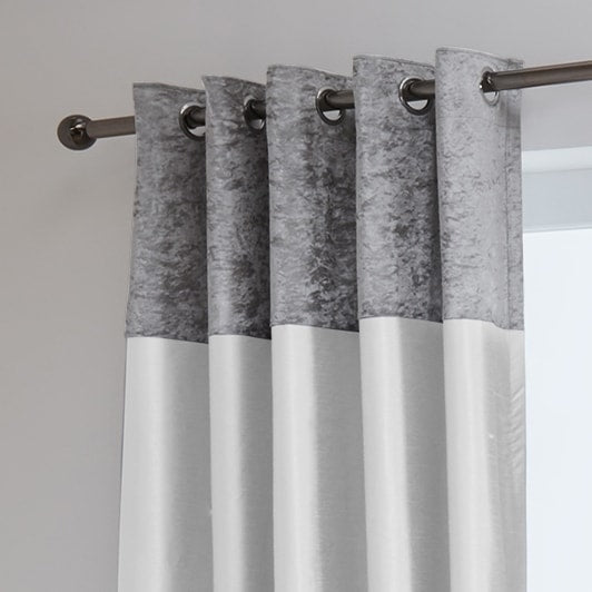 Chloe Crushed Velvet Band Fully Lined Faux Silk Eyelet Curtains (Silver - White)