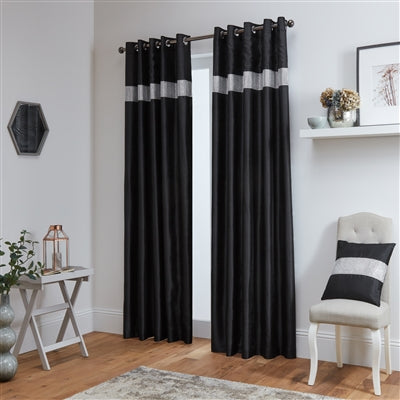 Diamante' Fully Lined Black Faux Silk Ready Made Eyelet Curtains