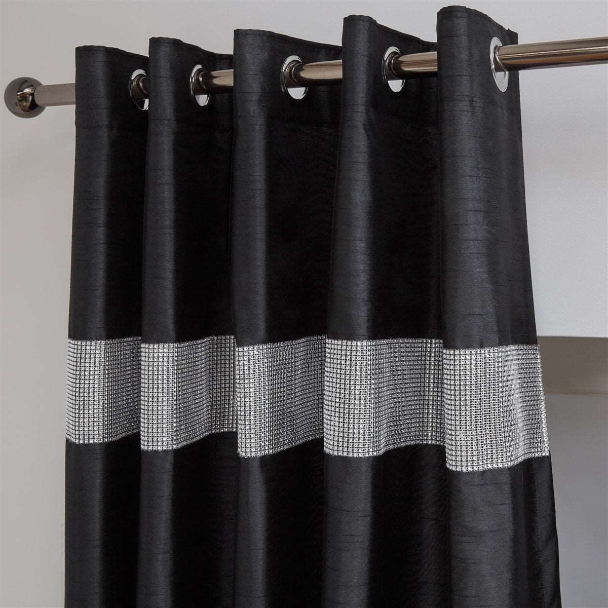 Diamante' Fully Lined Black Faux Silk Ready Made Eyelet Curtains