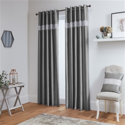 Diamante' Fully Lined Grey Faux Silk Ready Made Eyelet Curtains