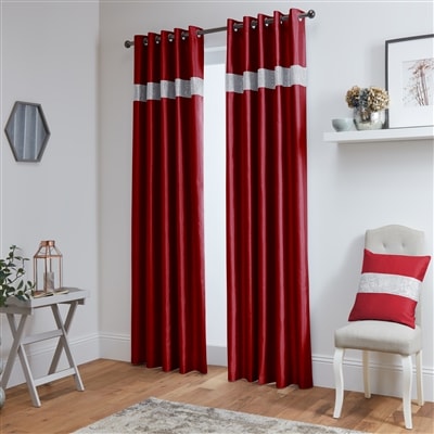 Diamante' Fully Lined Red Faux Silk Ready Made Eyelet Curtains