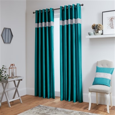 Diamante' Fully Lined Teal Faux Silk Ready Made Eyelet Curtains