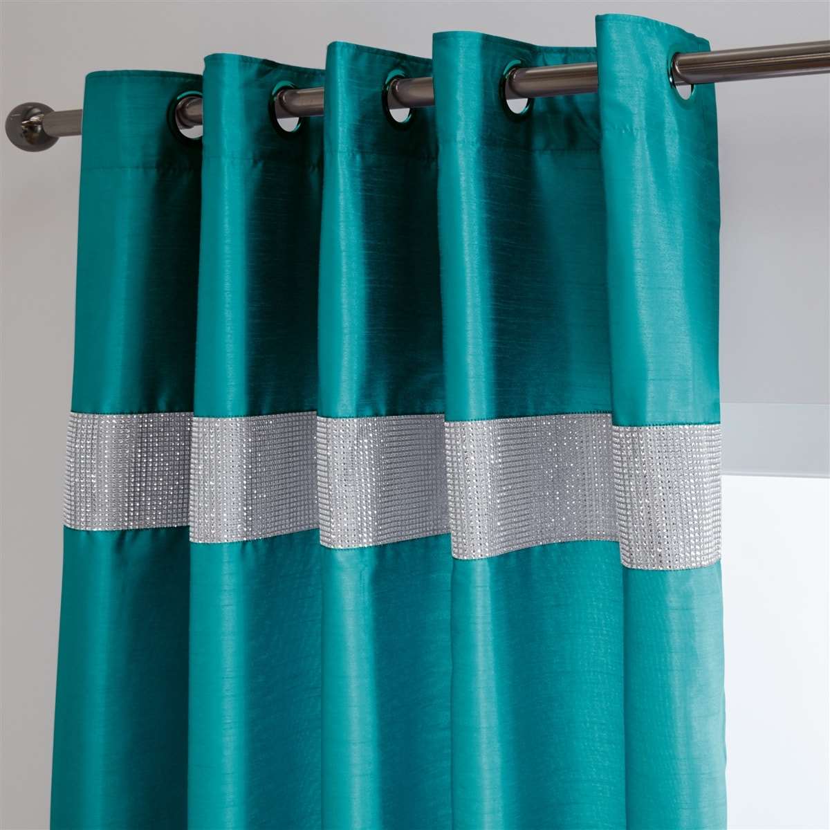 Diamante' Fully Lined Teal Faux Silk Ready Made Eyelet Curtains
