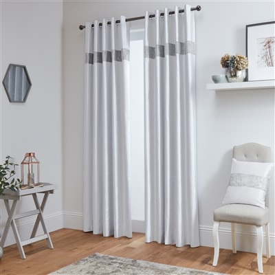 Diamante' Fully Lined White Faux Silk Ready Made Eyelet Curtains