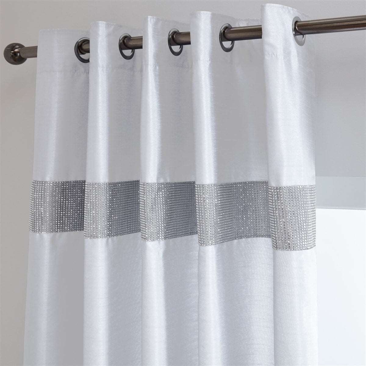 Diamante' Fully Lined White Faux Silk Ready Made Eyelet Curtains