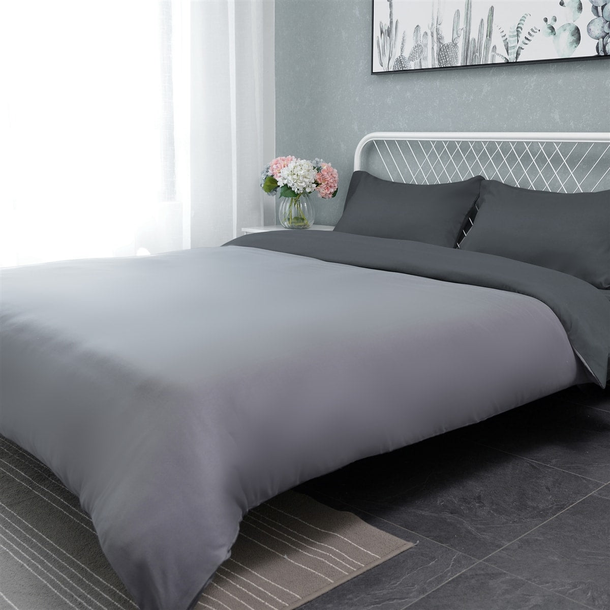 Reversible Plain Duvet Cover Bedding Set With Pillowcase (Grey Silve