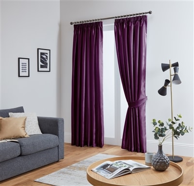 Faux Silk Tape Top Fully Lined Curtains (Aubergine )