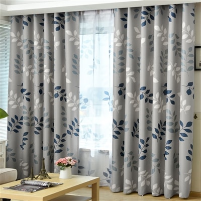Floral Leaf Thermal Blockout Eyelet Curtains - (Grey-Blue)