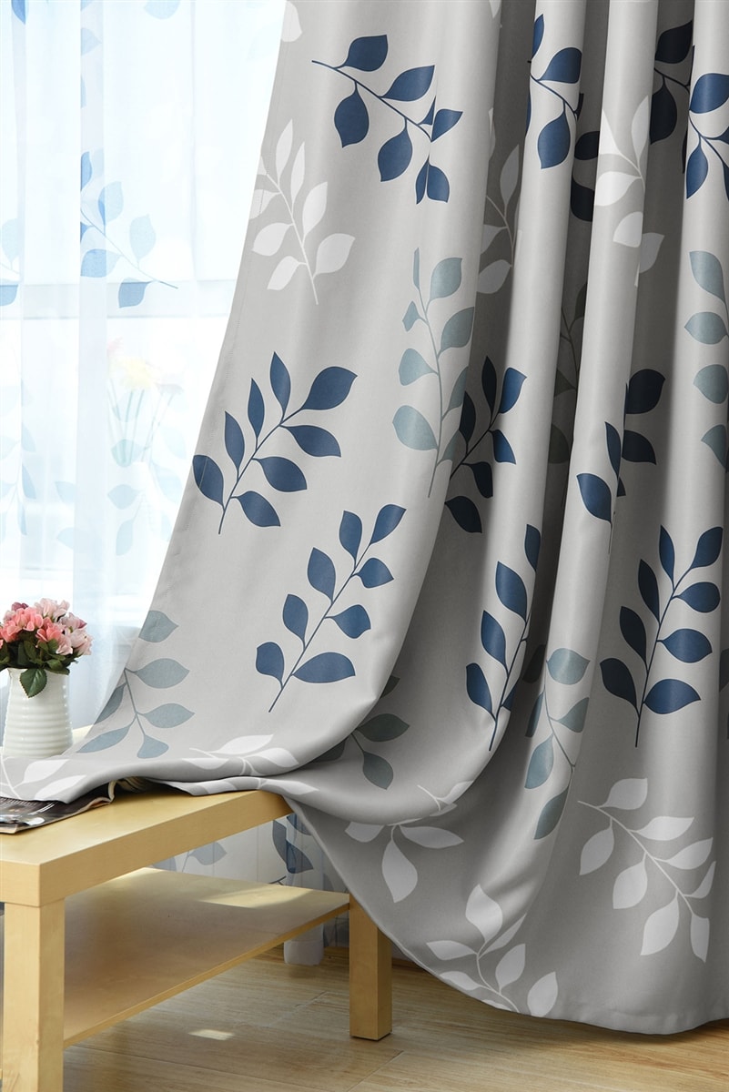 Floral Leaf Thermal Blockout Eyelet Curtains - (Grey-Blue)