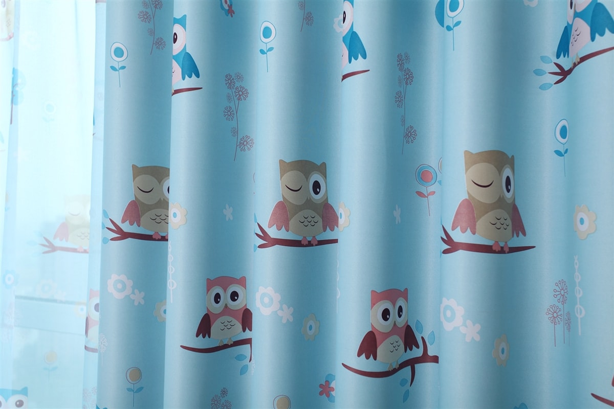 Owl Thermal Blockout Ready Made Eyelet Curtain Set (Blue)