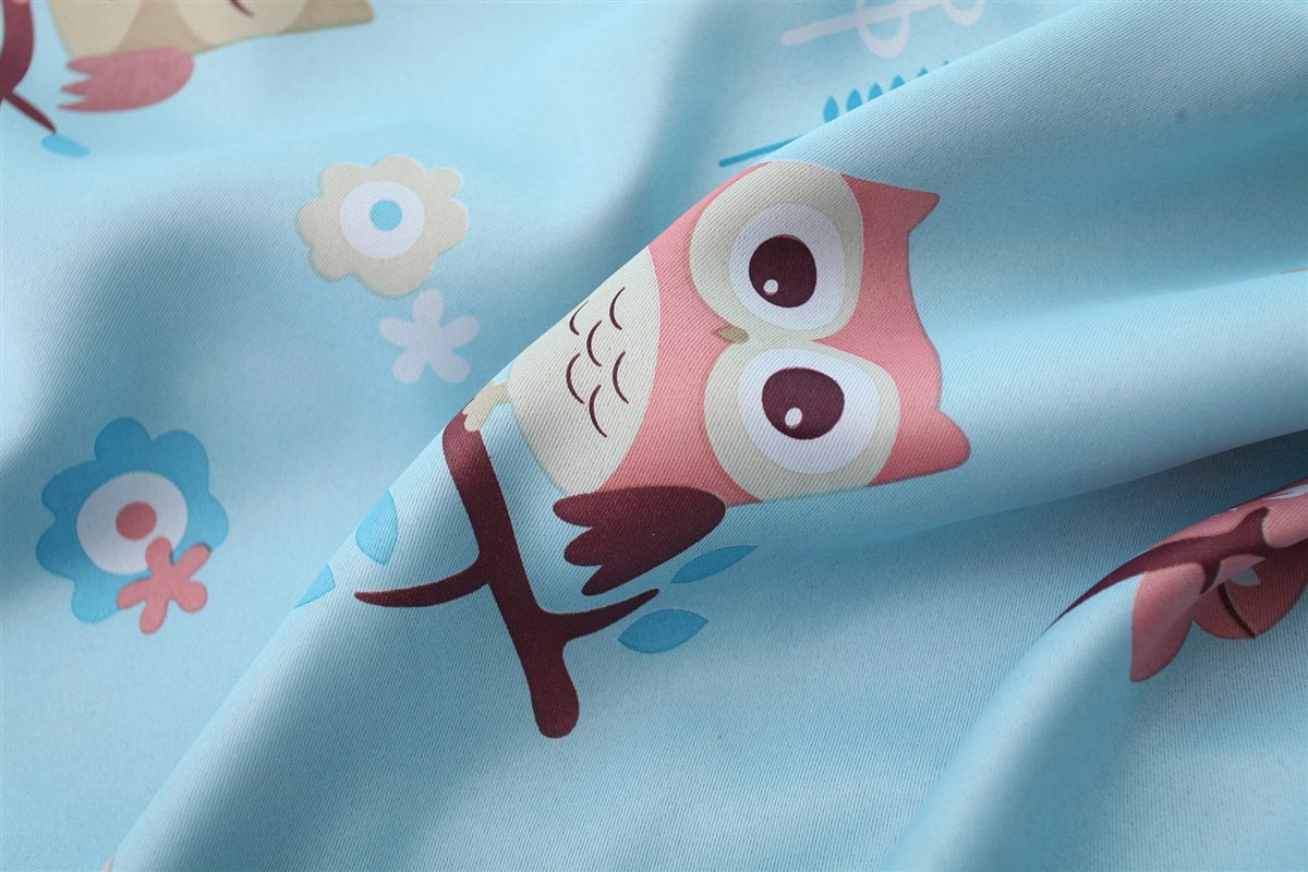 Owl Thermal Blockout Ready Made Eyelet Curtain Set (Blue)