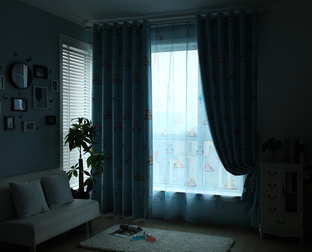 Owl Thermal Blockout Ready Made Eyelet Curtain Set (Blue)