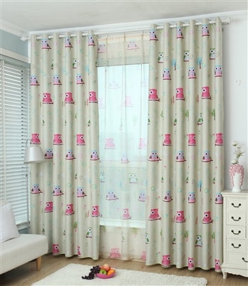 Owl Thermal Blockout Ready Made Eyelet Curtain Set (Natural)