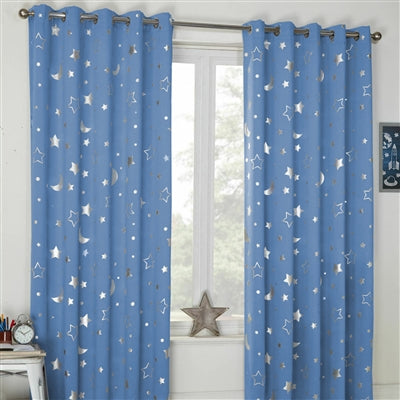 Stars and Moon Thermal Blackout Eyelet Curtains (Blue)