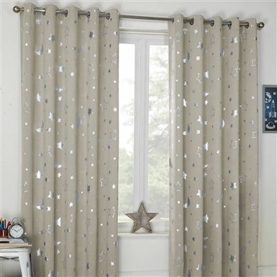 Stars and Moon Thermal Blackout Eyelet Curtains (Natural)
