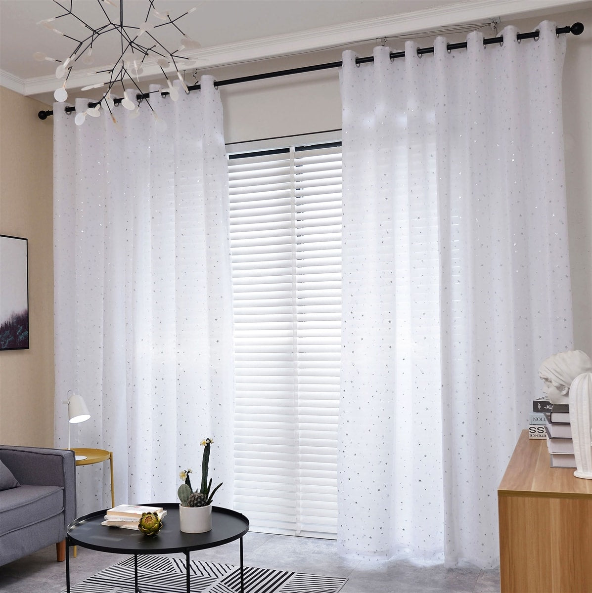 Star Lined Voile Eyelet Curtains (White)