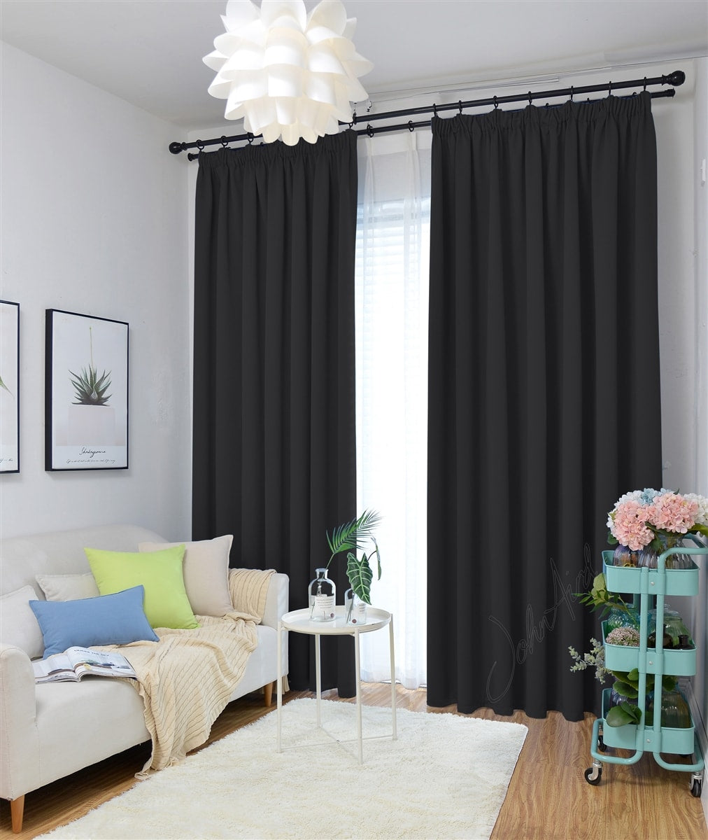 Thermal Blackout Ready Made Tape Top Curtains + Tie Backs (Black)