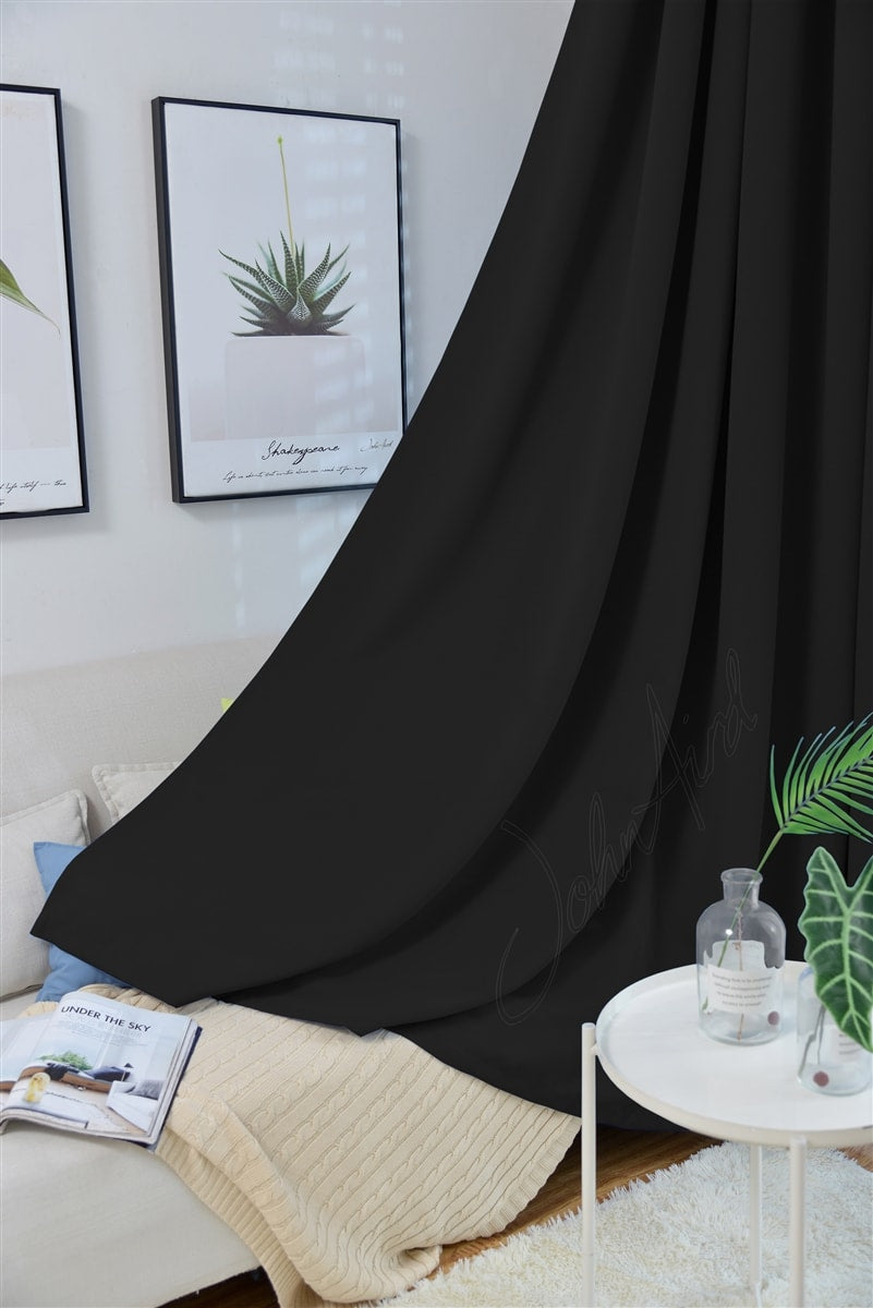 Thermal Blackout Ready Made Pencil Pleat Tape Top Curtains + Tie Backs Multiple Colour options (Black)