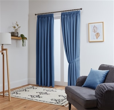 Thermal Blackout Ready Made Pencil Pleat Tape Top Curtains + Tie Backs (Blue)