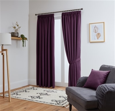 Thermal Blackout Ready Made Pencil Pleat Tape Top Curtains + Tie Backs (Aubergine)