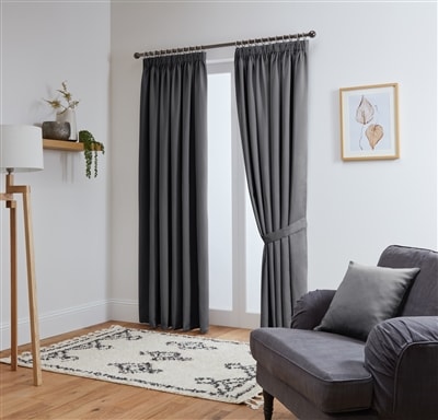 Thermal Blackout Ready Made Pencil Pleat Tape Top Curtains + Tie Backs (Grey)