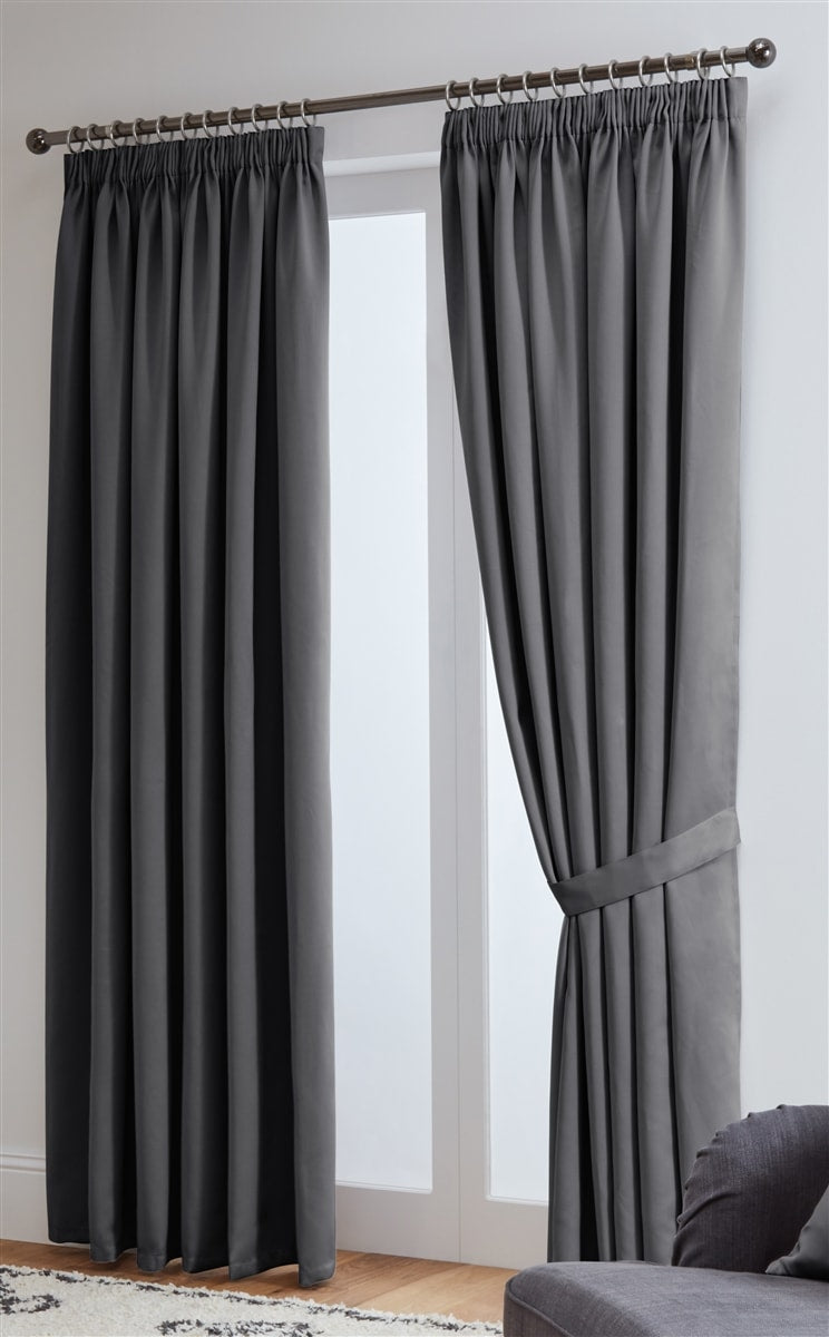 Thermal Blackout Ready Made Tape Top Curtains + Tie Backs (Grey)