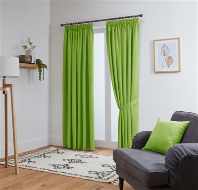 Thermal Blackout Ready Made Pencil Pleat Tape Top Curtains + Tie Backs (Lime)