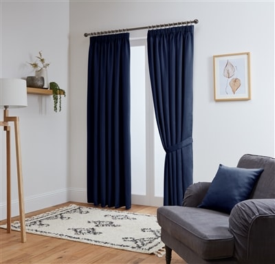 Thermal Blackout Ready Made Tape Top Curtains + Tie Backs (Navy)