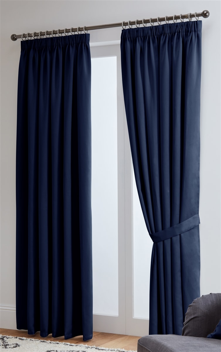 Thermal Blackout Ready Made Tape Top Curtains + Tie Backs (Navy)