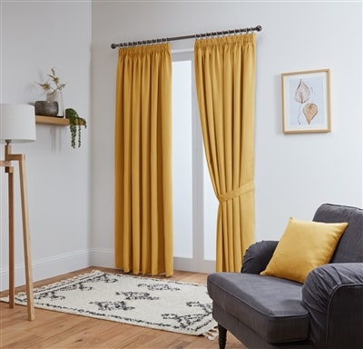 Thermal Blackout Ready Made Pencil Pleat Tape Top Curtains + Tie Backs (Ochre)