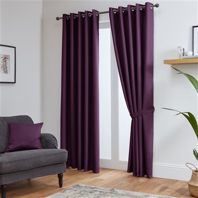 Thermal Blackout Ready Made Eyelet Curtains + Tie Backs (Aubergine)