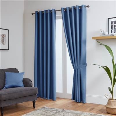 Thermal Blackout Ready Made Eyelet Curtains + Tie Backs (Blue)