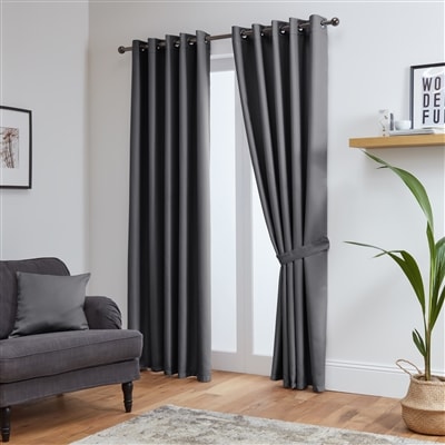 Thermal Blackout Ready Made Eyelet Curtains + Tie Backs (Grey)