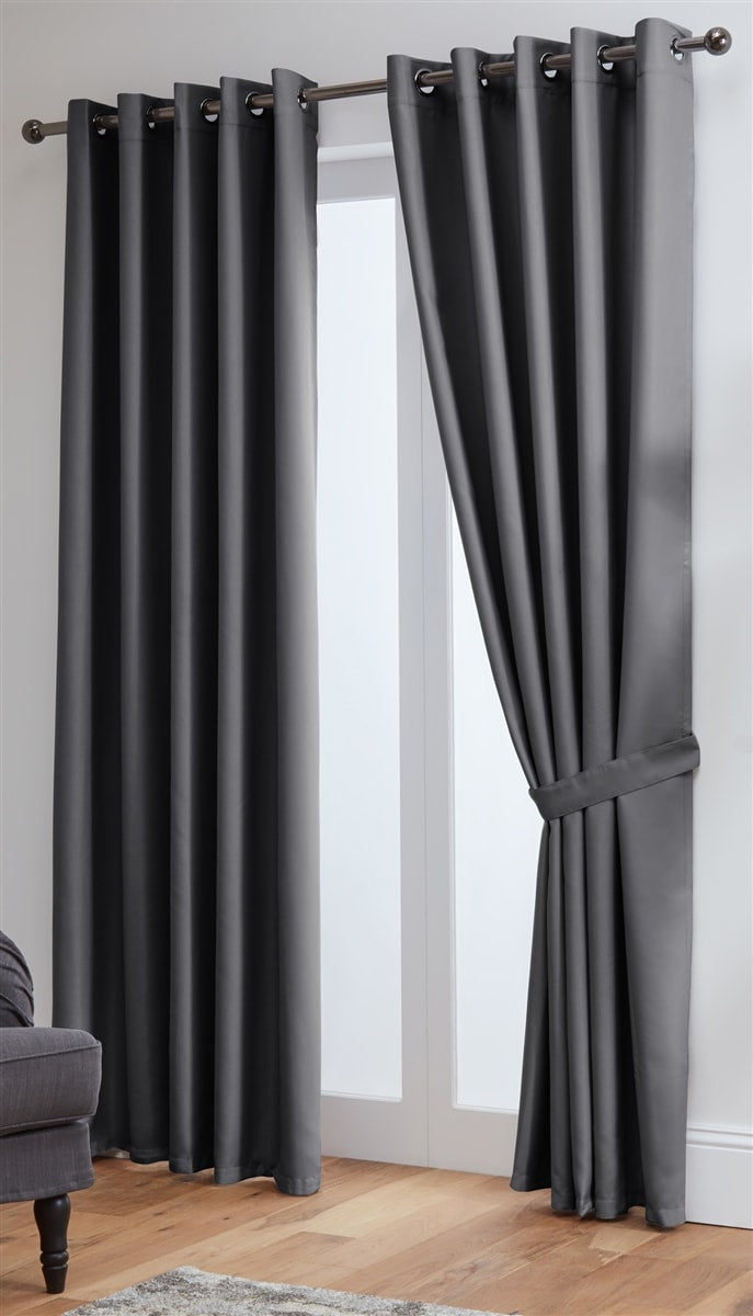Thermal Blackout Ready Made Eyelet Curtains + Tie Backs (Grey)