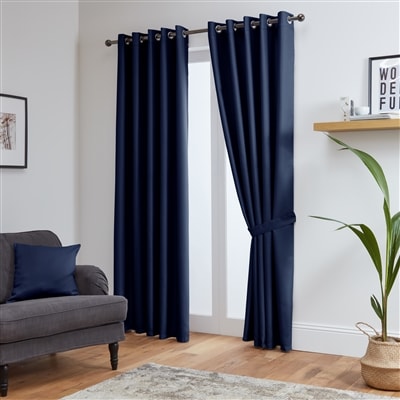 Thermal Blackout Ready Made Eyelet Curtains + Tie Backs (Navy)