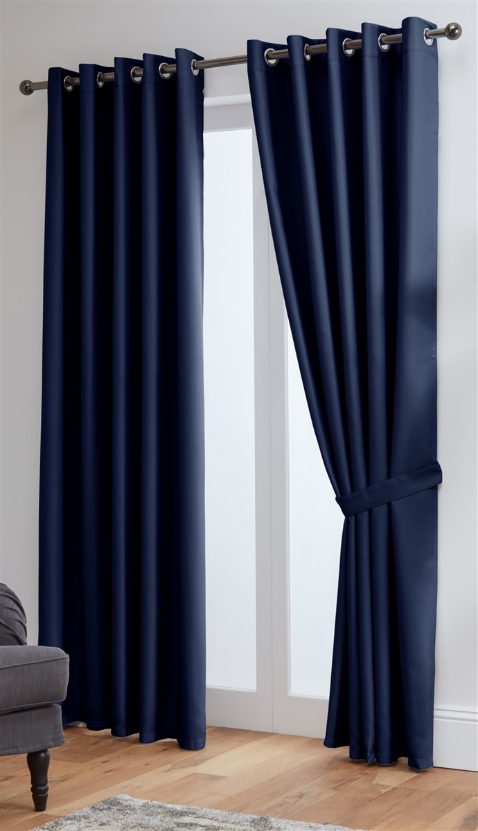 Thermal Blackout Ready Made Eyelet Curtains + Tie Backs (Navy)